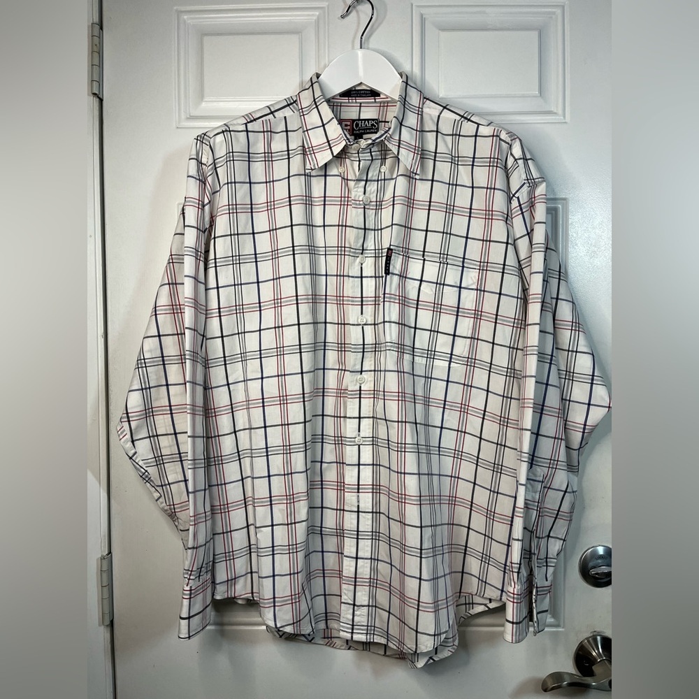 Chaps Ralph Lauren Men's Red and Blue Plaid Shirt Large Vintage